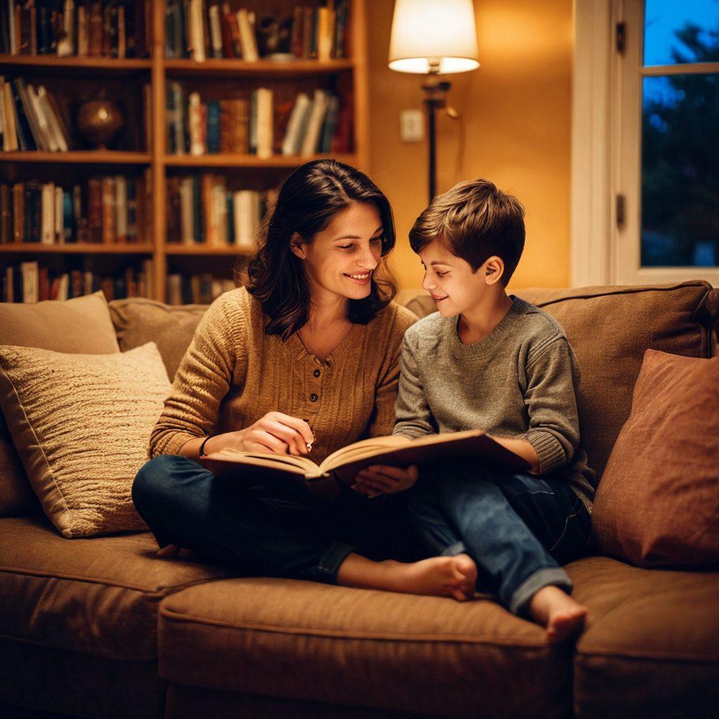 A tender scene of a mother and son engaged in a heartfelt conversation, surrounded by a cozy living room setting filled with books and educational tools. The mother is smiling, holding a book, while the son looks attentive and curious. Warm lighting enhances the intimacy of the moment, with soft textures and colors that evoke a sense of comfort and connection. This image should symbolize the balance between education and emotional closeness. super-realistic. warm colors. soft lighting.
