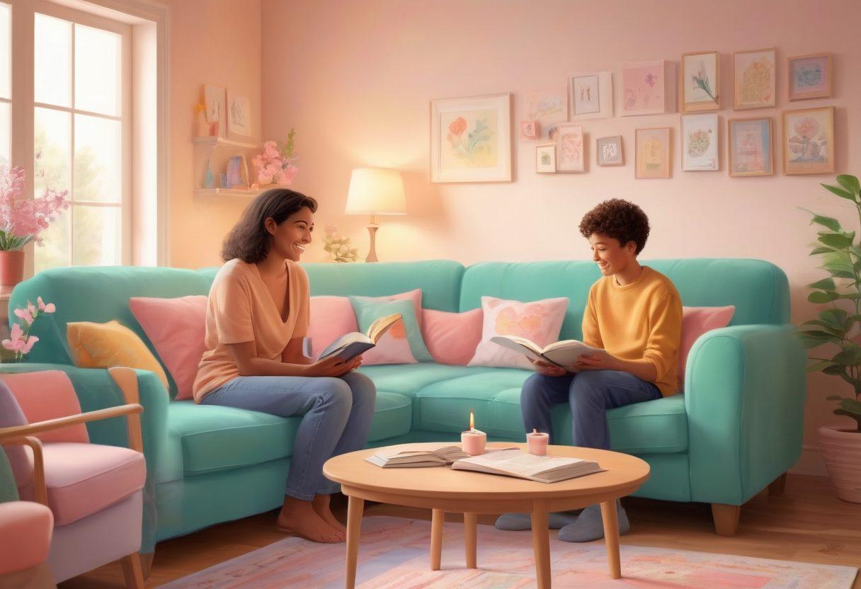A nurturing scene depicting a mother and son engaged in an open conversation, surrounded by symbols of healthy relationships like hearts, flowers, and open books. The background shows a warm, inviting home environment filled with soft lighting and comfortable furniture. They are smiling, portraying trust and affection, while the atmosphere radiates positivity and care. Illustration style: soft pastel colors, digital painting.
