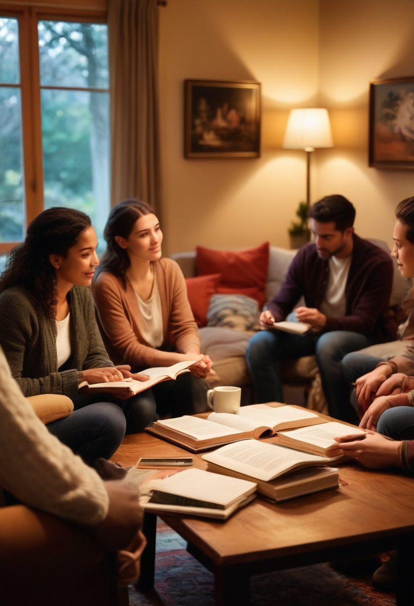 A thoughtful scene in a cozy living room setting featuring a diverse group of people engaged in an open conversation about sensitive topics like sex education and family dynamics. Include warm lighting, diverse age groups, and a coffee table with books and notepads, symbolizing learning and discussion. The atmosphere should be inviting and supportive, emphasizing communication and understanding. soft focus. vibrant colors. cozy ambiance.